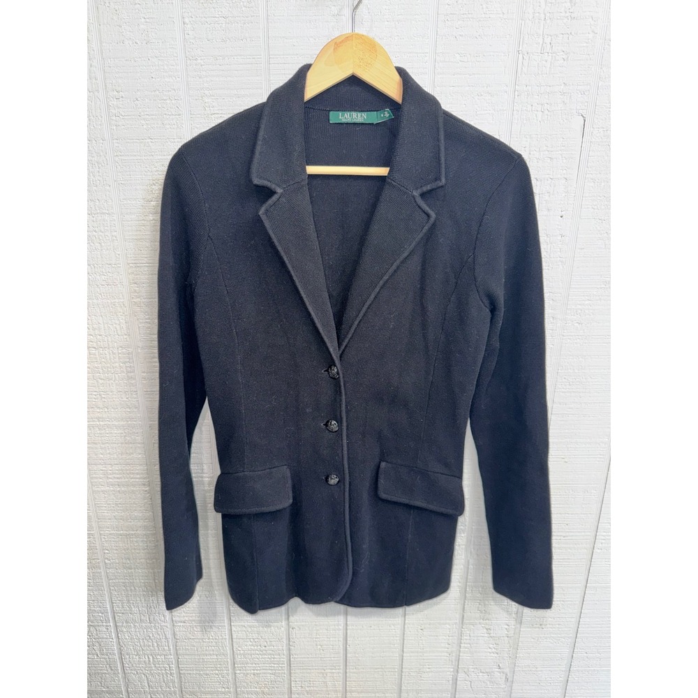 Lauren Ralph Lauren Knit Blazer Women Black Crest Button Cotton Jacket M
